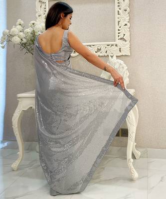 grey heavy sequance embroidery work georgette saree with blouse piece 2