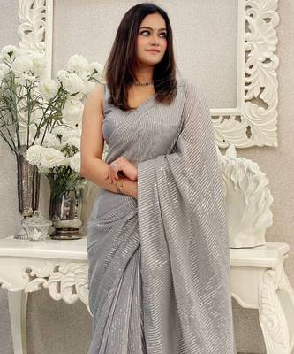 grey heavy sequance embroidery work georgette saree with blouse piece 3