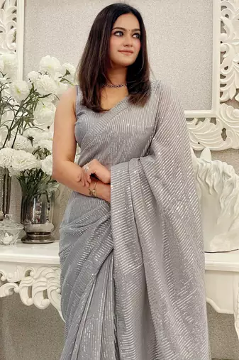 grey heavy sequance embroidery work georgette saree with blouse piece