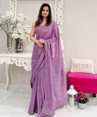 lavender heavy sequance embroidery work georgette saree with blouse piece 1