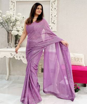 lavender heavy sequance embroidery work georgette saree with blouse piece 2
