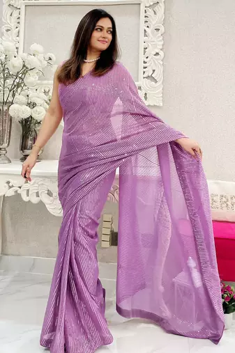 lavender heavy sequance embroidery work georgette saree with blouse piece