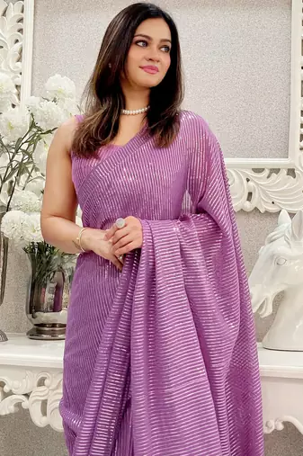 lavender heavy sequance embroidery work georgette saree with blouse piece