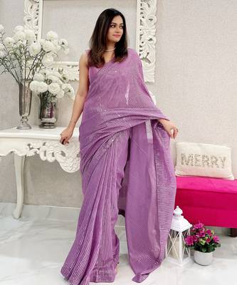lavender heavy sequance embroidery work georgette saree with blouse piece 4