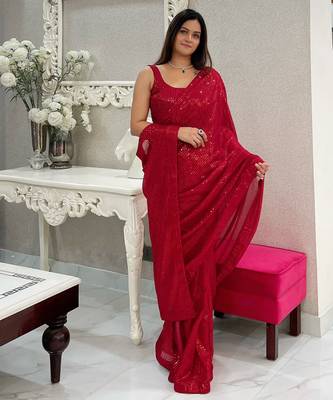 maroon heavy sequance embroidery work georgette saree with blouse piece 1
