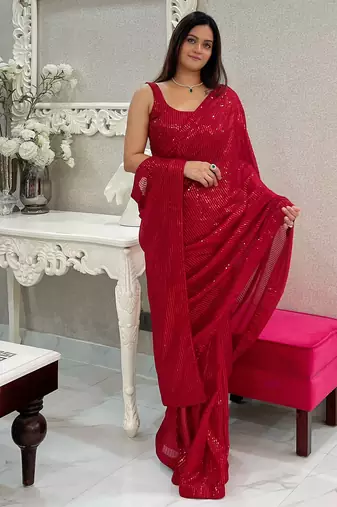 maroon heavy sequance embroidery work georgette saree with blouse piece