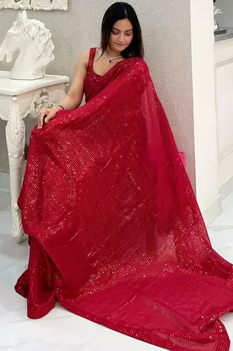 maroon heavy sequance embroidery work georgette saree with blouse piece