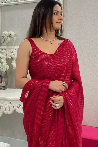 maroon heavy sequance embroidery work georgette saree with blouse piece