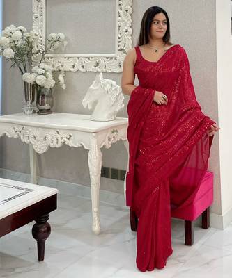 maroon heavy sequance embroidery work georgette saree with blouse piece 4