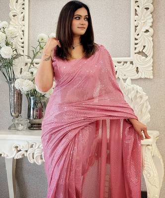 onion heavy sequance embroidery work georgette saree with blouse piece 4
