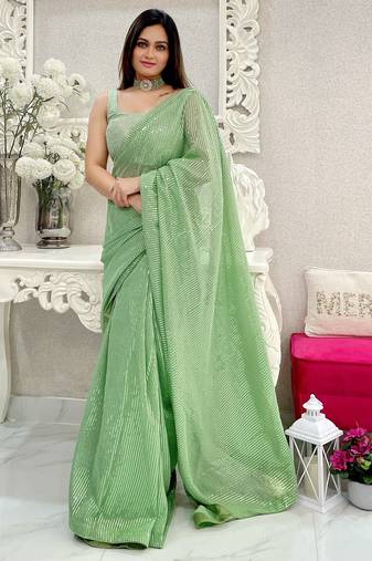 pista heavy sequance embroidery work georgette saree with blouse piece