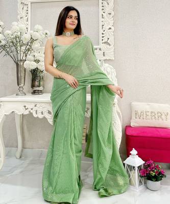 pista heavy sequance embroidery work georgette saree with blouse piece 2