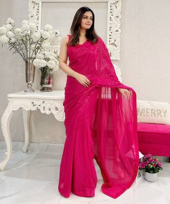 pink heavy sequance embroidery work georgette saree with blouse piece 1