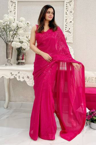 pink heavy sequance embroidery work georgette saree with blouse piece
