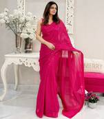pink heavy sequance embroidery work georgette saree with blouse piece