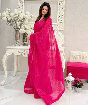 pink heavy sequance embroidery work georgette saree with blouse piece 2