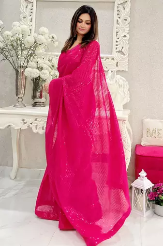 pink heavy sequance embroidery work georgette saree with blouse piece