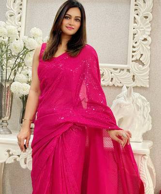 pink heavy sequance embroidery work georgette saree with blouse piece 3