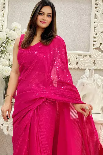 pink heavy sequance embroidery work georgette saree with blouse piece