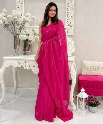 pink heavy sequance embroidery work georgette saree with blouse piece 4