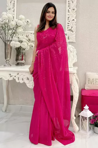 pink heavy sequance embroidery work georgette saree with blouse piece
