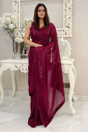 wine heavy sequance embroidery work georgette saree with blouse piece