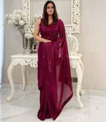 wine heavy sequance embroidery work georgette saree with blouse piece