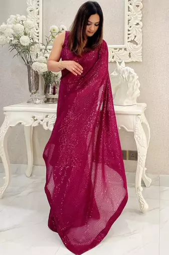 wine heavy sequance embroidery work georgette saree with blouse piece