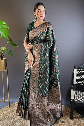 green Woven jari designer soft silk saree with blouse piece