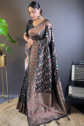 black Woven jari designer soft silk saree with blouse piece