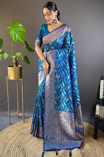 blue Woven jari designer soft silk saree with blouse piece