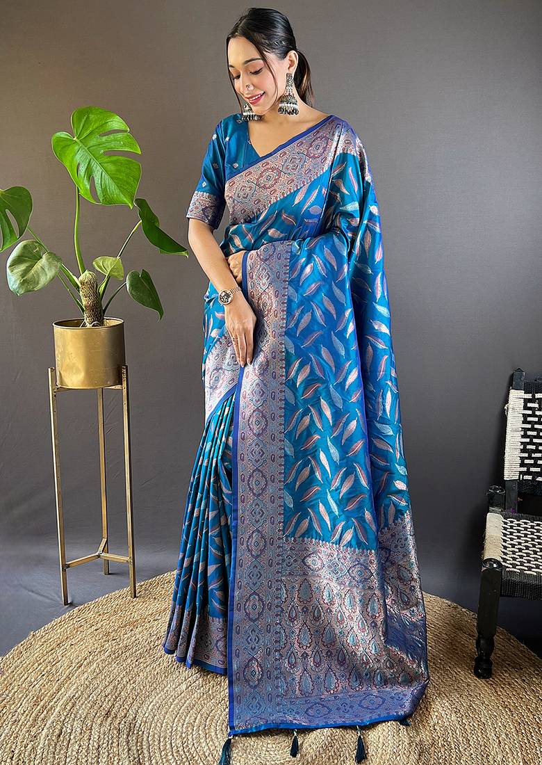 blue Woven jari designer soft silk saree with blouse piece