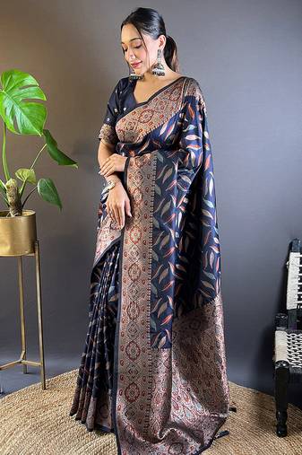 nevy blue Woven jari designer soft silk saree with blouse piece