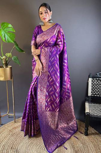 purple Woven jari designer soft silk saree with blouse piece