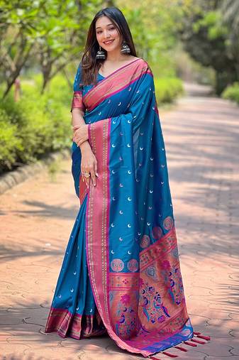 blue Woven paithani meenakari designer paithani silk saree with blouse piece