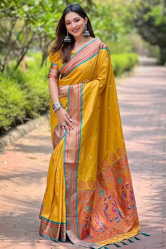 mustard woven paithani meenakari designer paithani silk saree with blouse piece