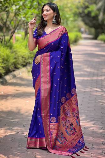 voilet Woven paithani meenakari designer paithani silk saree with blouse piece