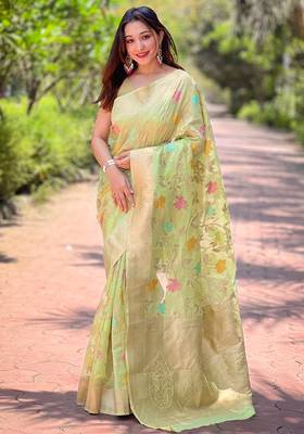 pista weaving meenakari jaal designer organza saree with blouse piece 1