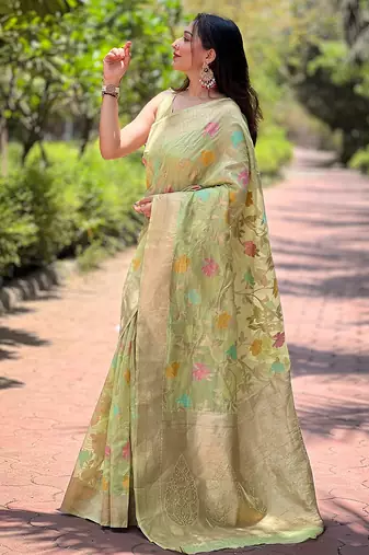pista weaving meenakari jaal designer organza saree with blouse piece