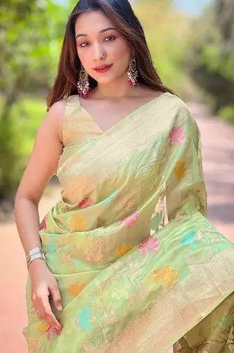 pista weaving meenakari jaal designer organza saree with blouse piece