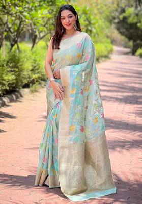 sky blue weaving meenakari jaal designer organza saree with blouse piece 1