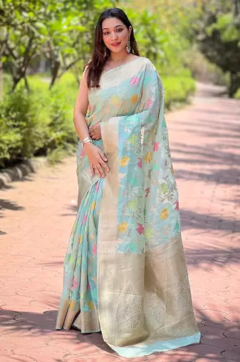 sky blue weaving meenakari jaal designer organza saree with blouse piece