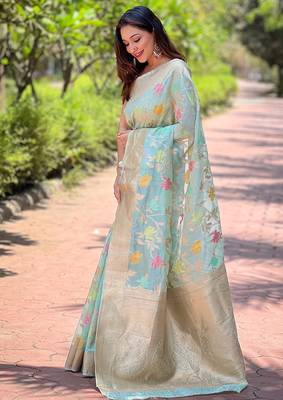 sky blue weaving meenakari jaal designer organza saree with blouse piece 2