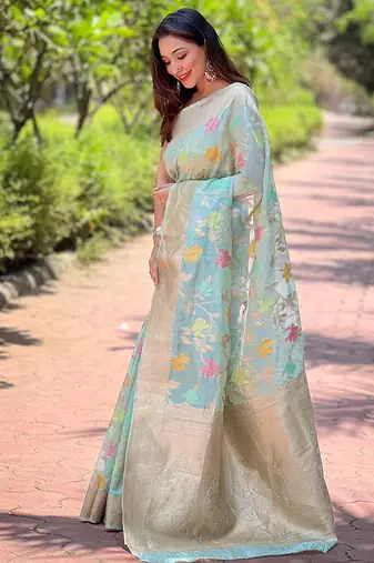 sky blue weaving meenakari jaal designer organza saree with blouse piece