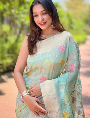 sky blue weaving meenakari jaal designer organza saree with blouse piece 3