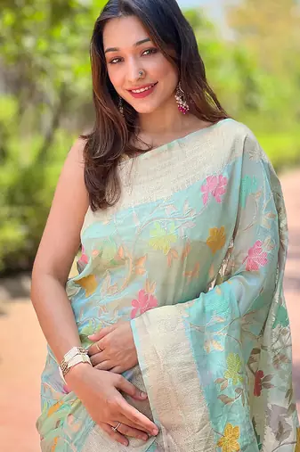 sky blue weaving meenakari jaal designer organza saree with blouse piece
