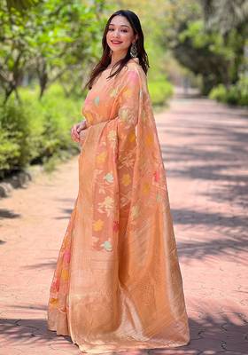 orange weaving meenakari jaal designer organza saree with blouse piece 2