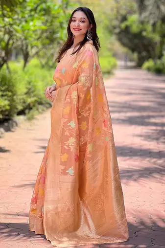 orange weaving meenakari jaal designer organza saree with blouse piece