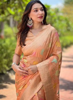 orange weaving meenakari jaal designer organza saree with blouse piece 3