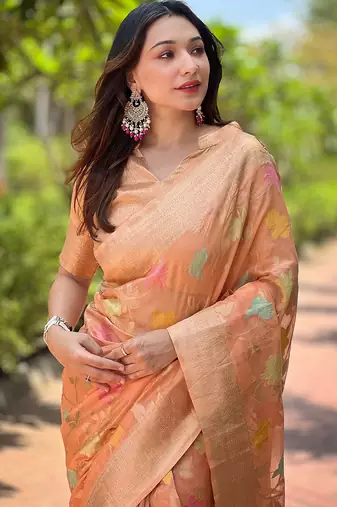 orange weaving meenakari jaal designer organza saree with blouse piece